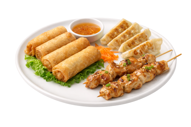 Assiette composée : nems croustillants, brochettes et gyozas – Le Mékong Carpentras