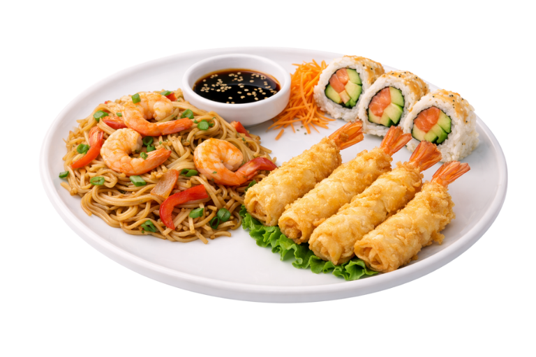 Assiette composée : nems croustillants, makis et crevettes – Le Mékong Carpentras
