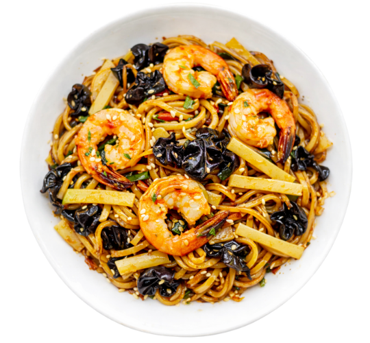 Nouilles sautées aux crevettes avec champignons noirs (mu auriculaire) – Le Mékong Carpentras
